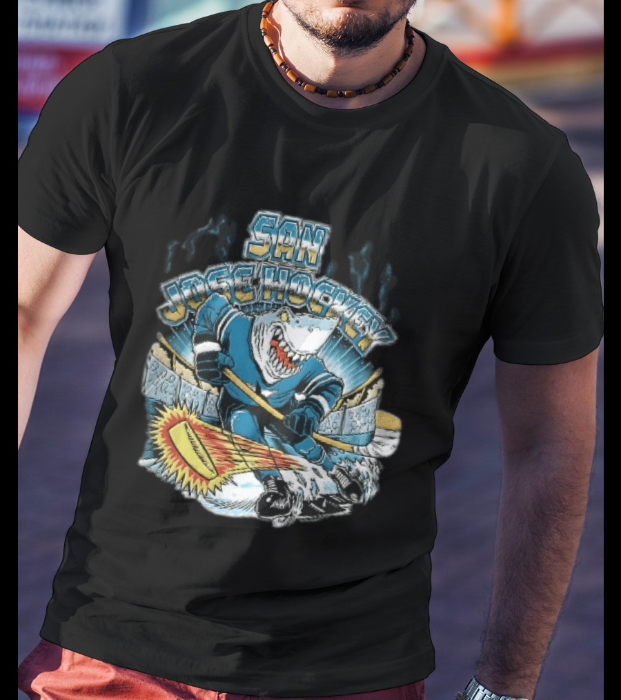 San Jose Hockey Cartoon Skating Shark Flaming Puck Ice Rink T-Shirt
