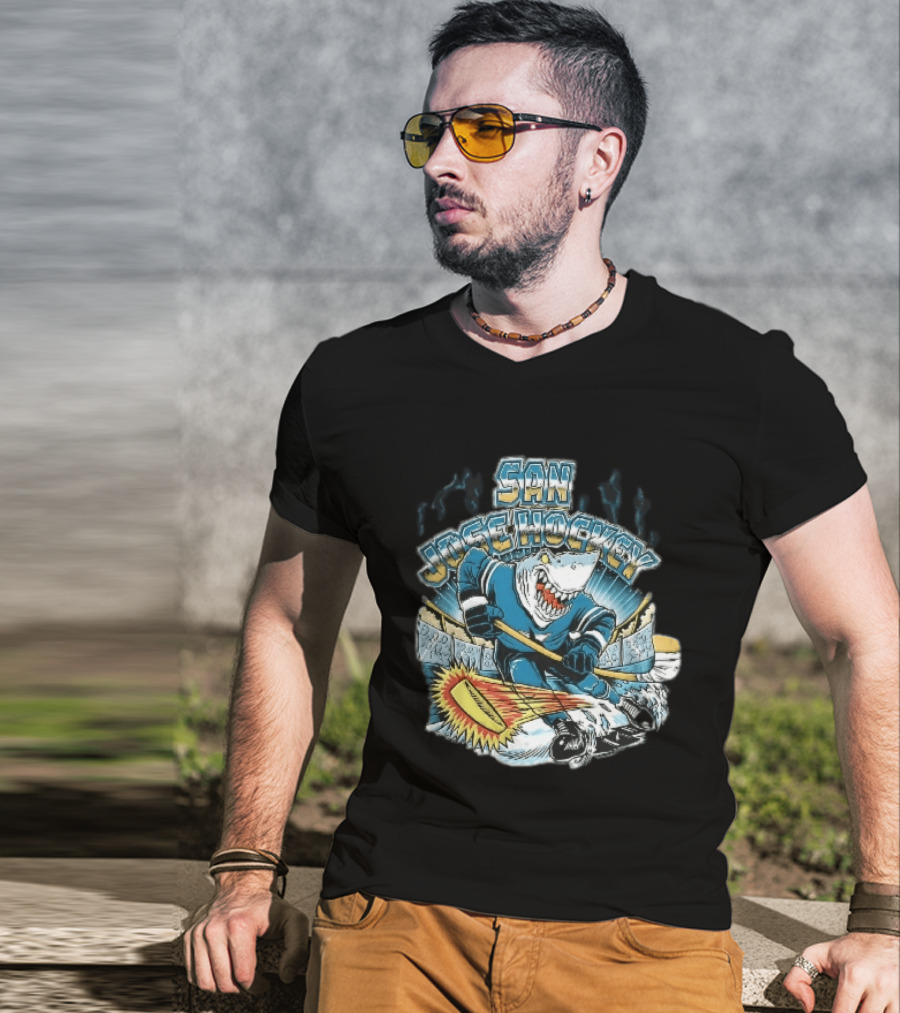 San Jose Hockey Cartoon Skating Shark Flaming Puck Ice Rink T-Shirt