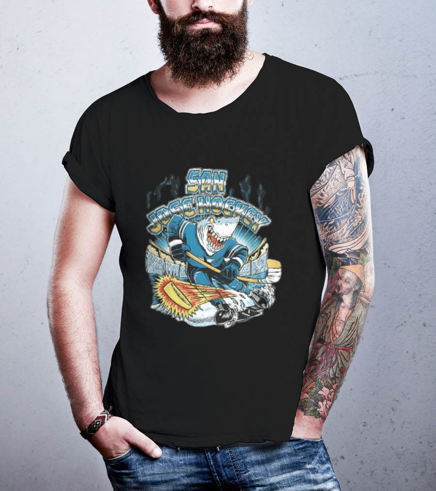 San Jose Hockey Cartoon Skating Shark Flaming Puck Ice Rink T-Shirt