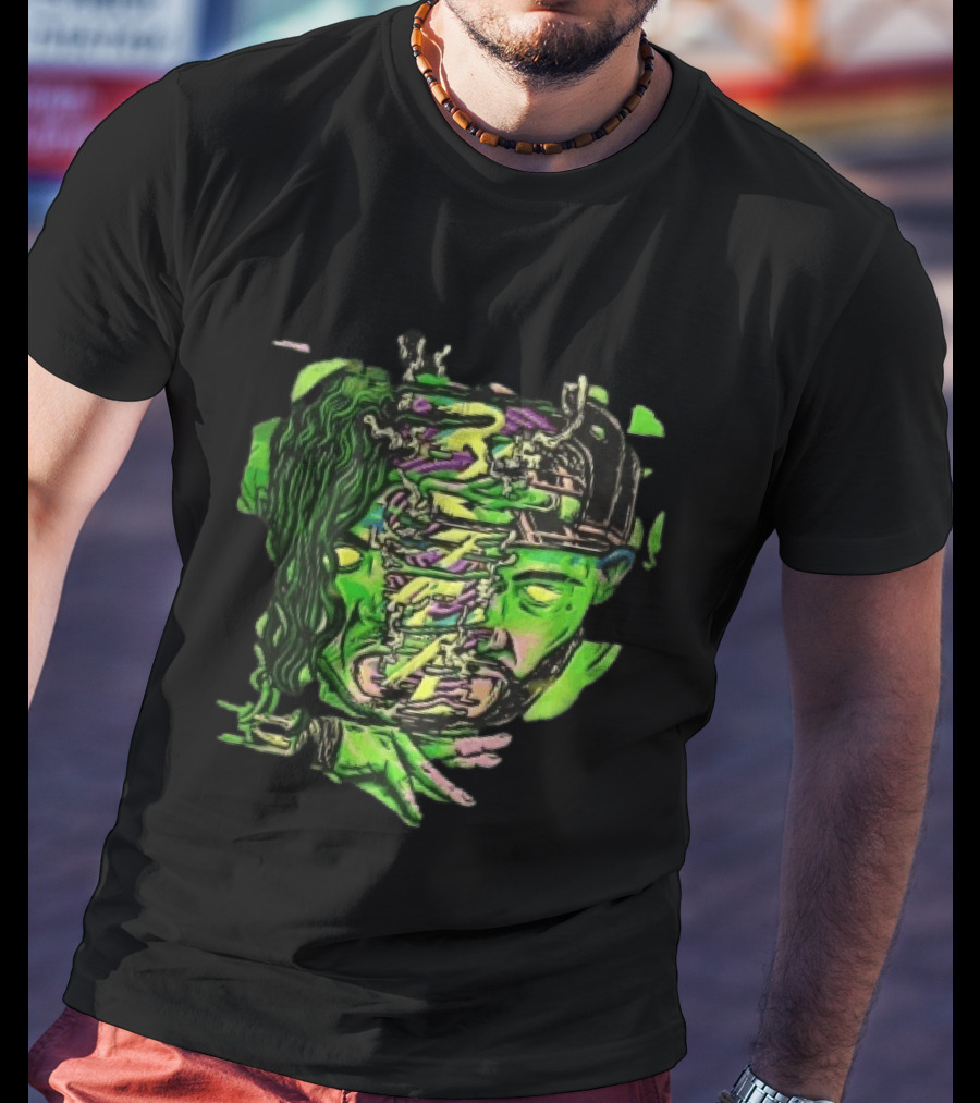 Split Green Head Glowing Yellow Eyes Neon Cartoon Halftone T-Shirt