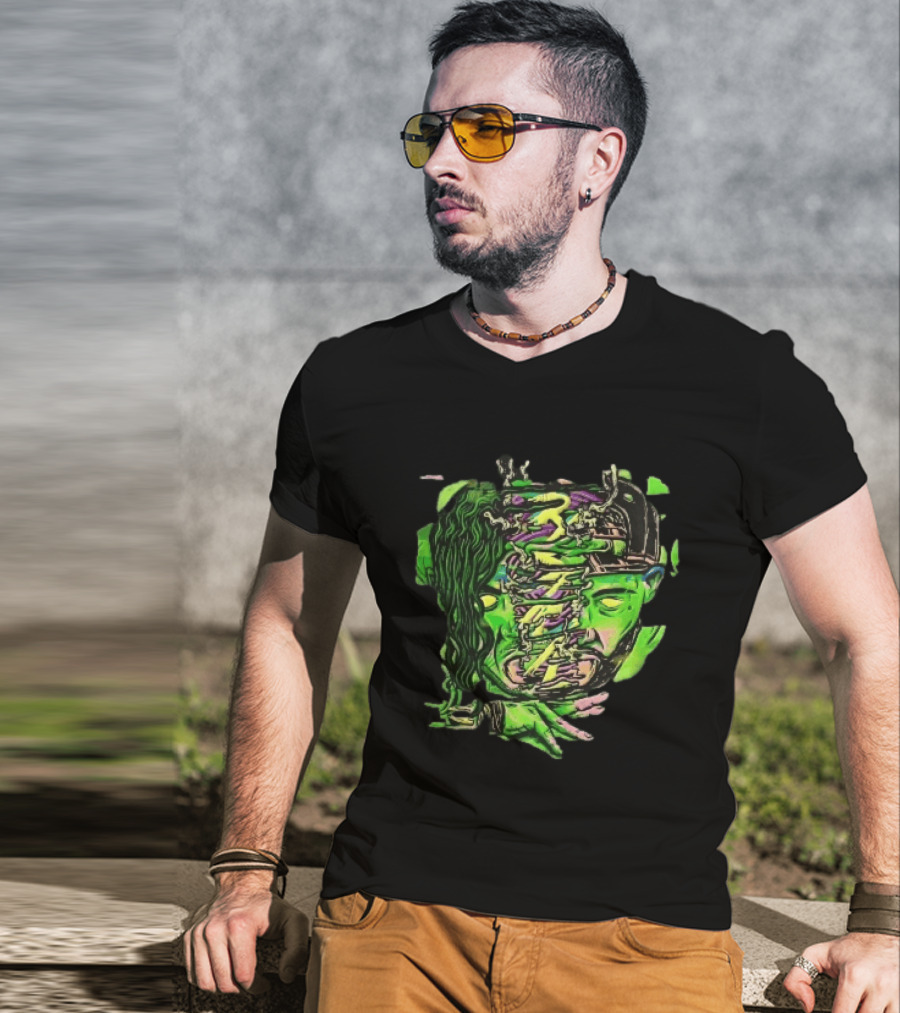 Split Green Head Glowing Yellow Eyes Neon Cartoon Halftone T-Shirt