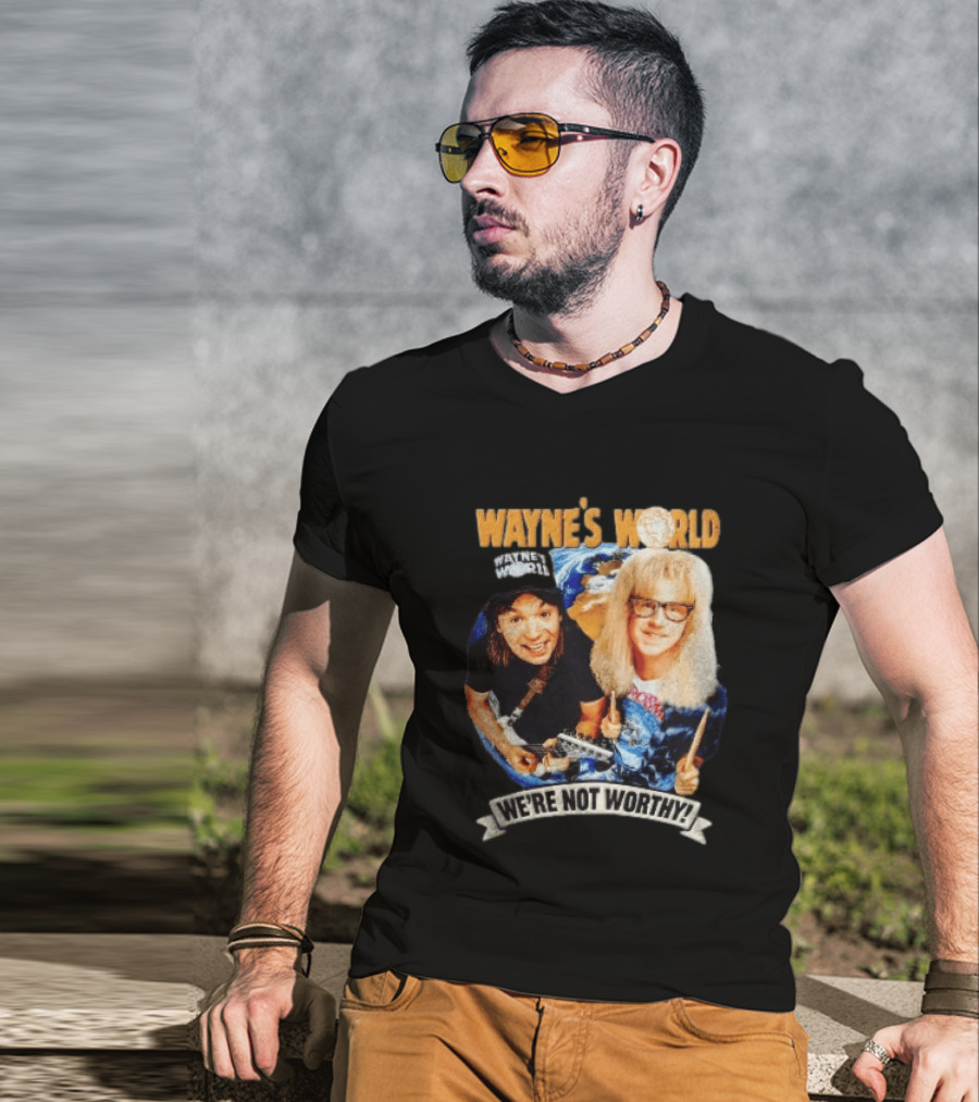 Wayne's World We're Not Worthy Wayne And Garth Classic Comedy Duo 90s Cult Film T-Shirt
