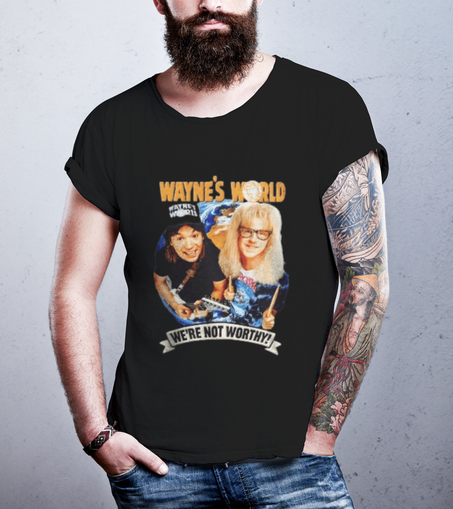 Wayne's World We're Not Worthy Wayne And Garth Classic Comedy Duo 90s Cult Film T-Shirt