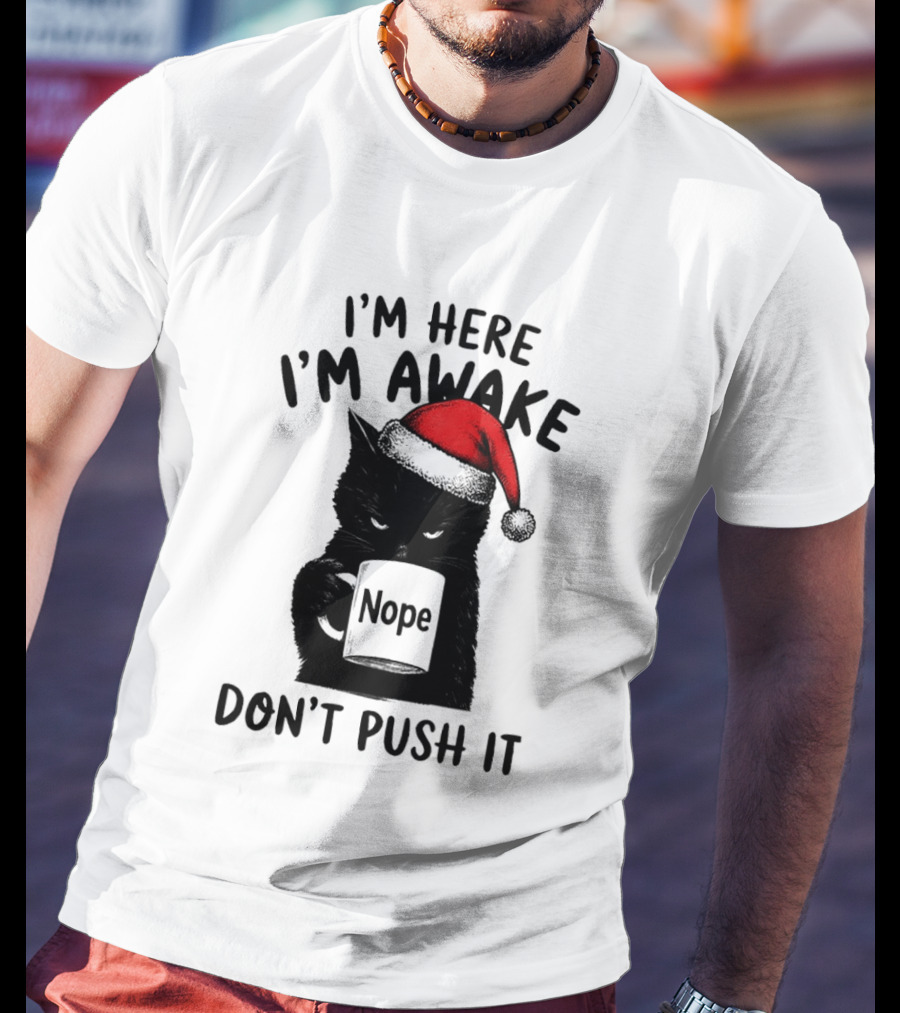 Black Cat Santa I'm Here I'm Awake Nope Don't Push It Holiday T-Shirt