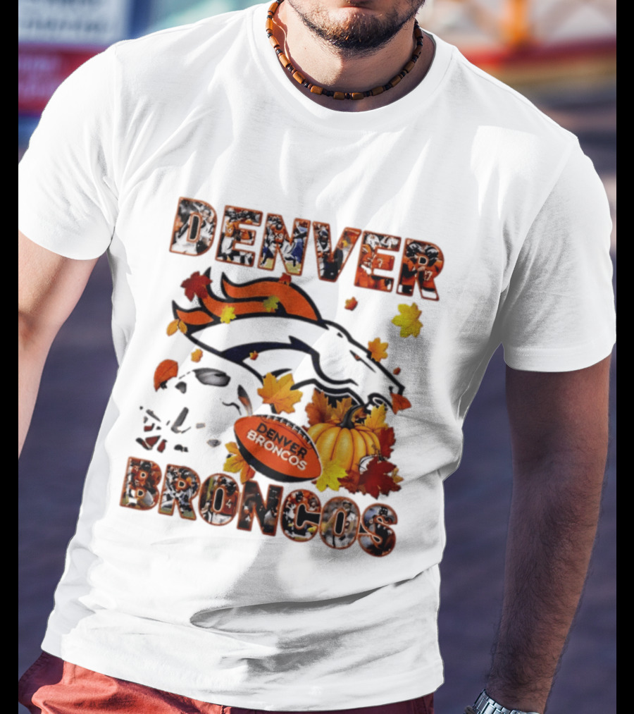 Denver Broncos Football Autumn Fall Leaves Pumpkin Halloween 2026 T-Shirt