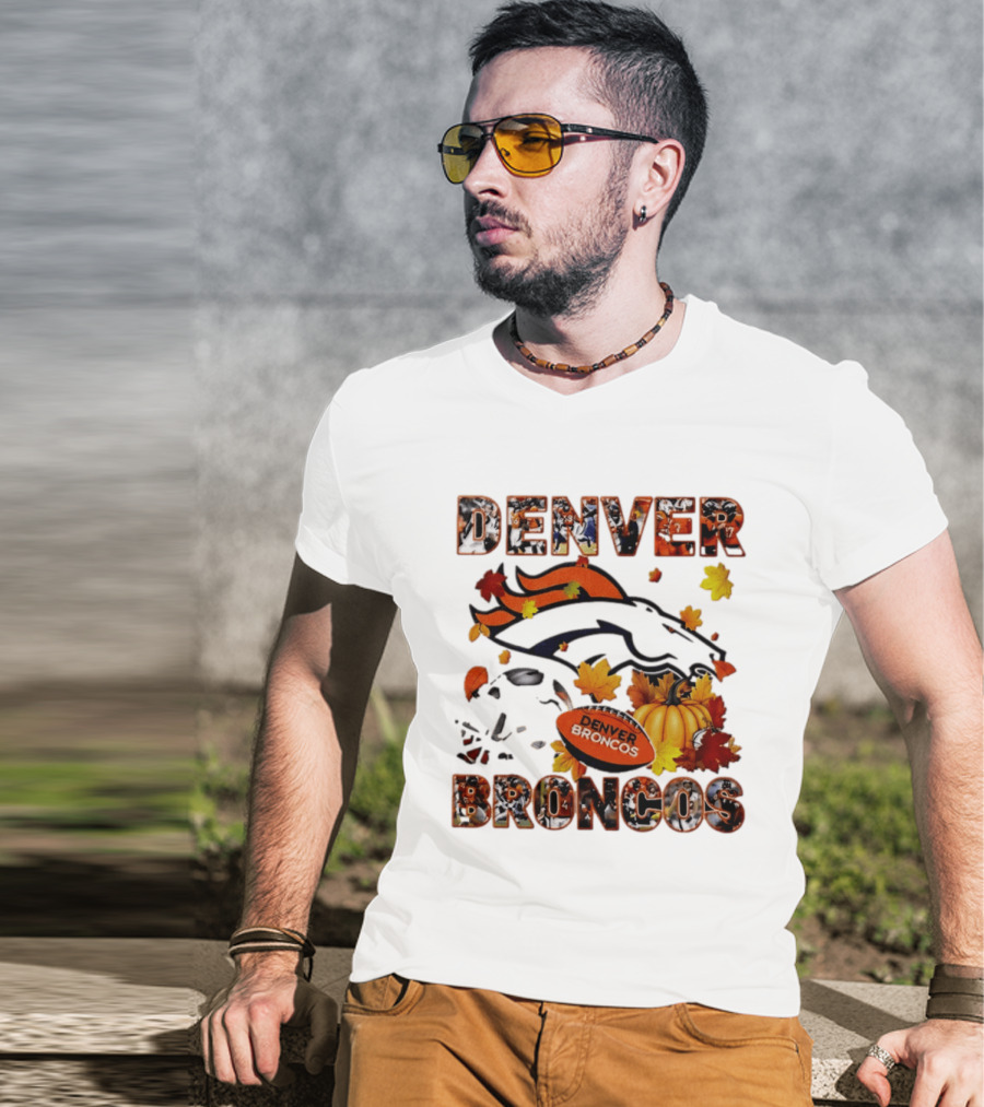 Denver Broncos Football Autumn Fall Leaves Pumpkin Halloween 2026 T-Shirt