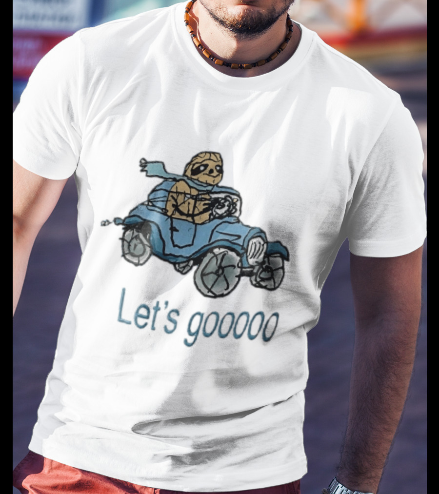 Let's Gooooo Cartoon Sloth Scarf Driving Blue Car Sketch T-Shirt