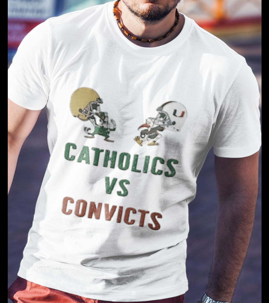 Notre Dame Fighting Irish Vs Miami Hurricanes Catholics Vs Convicts Cartoon Caricature T-Shirt