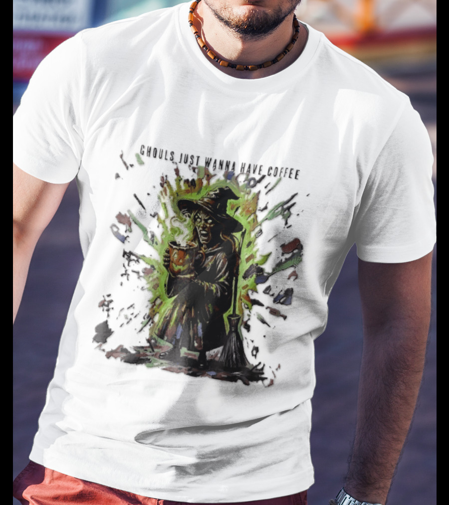 Ghouls Just Wanna Have Coffee Witch With Pumpkin And Broom Colorful Splatter T-Shirt