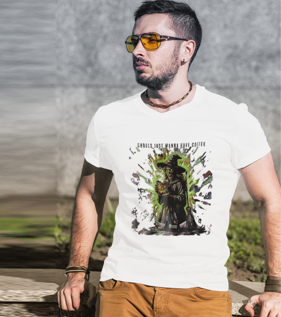Ghouls Just Wanna Have Coffee Witch With Pumpkin And Broom Colorful Splatter T-Shirt