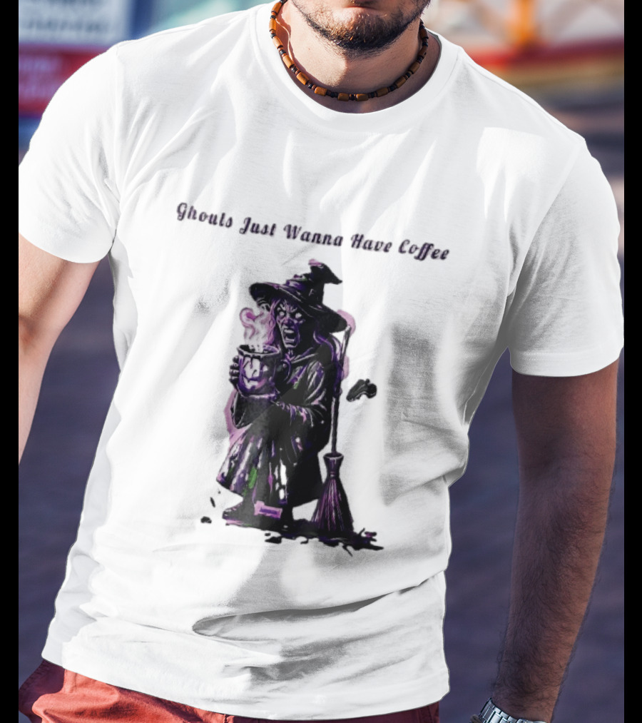 Ghouls Just Wanna Have Coffee Witch Holding Steaming Broomstick T-Shirt