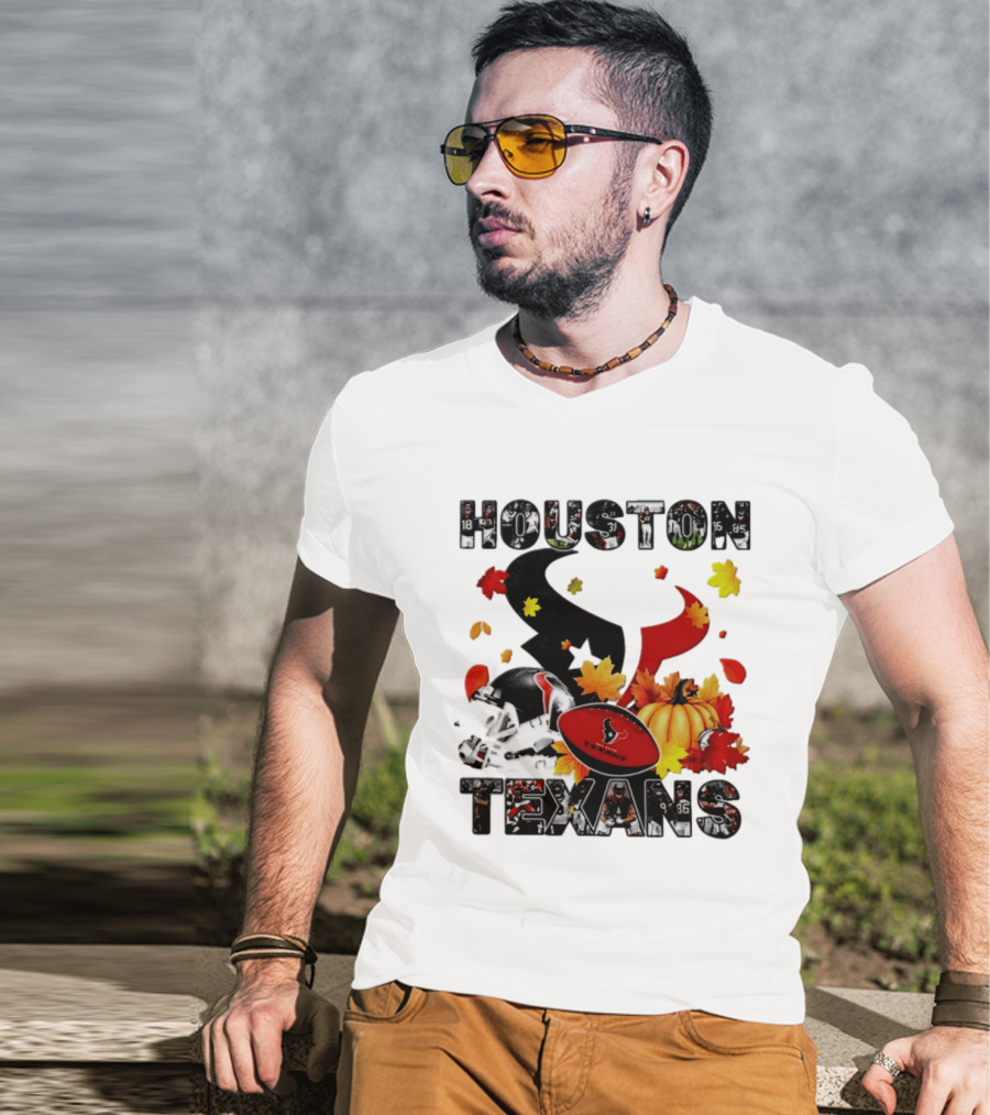 Houston Texans Football Autumn Fall Pumpkin Helmet Leaves 2026 Halloween T-Shirt