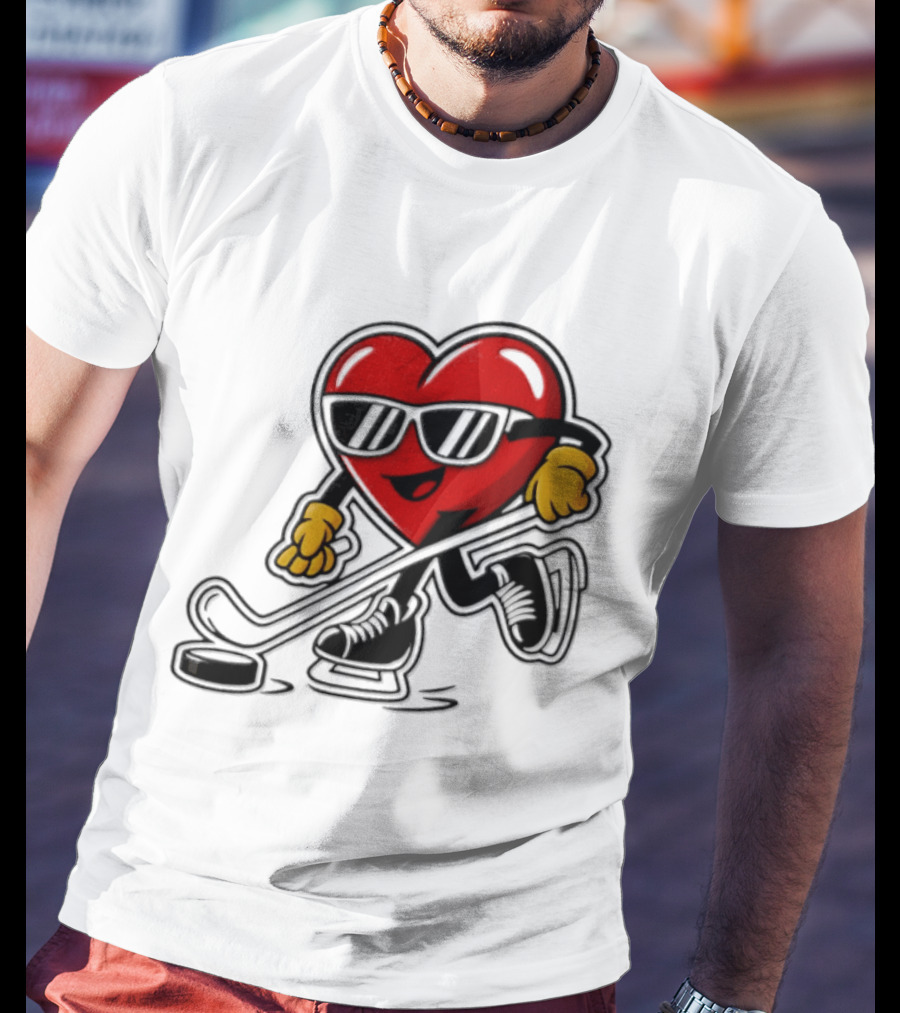 I Love Hockey Heart Character With Sunglasses And Stick T-Shirt