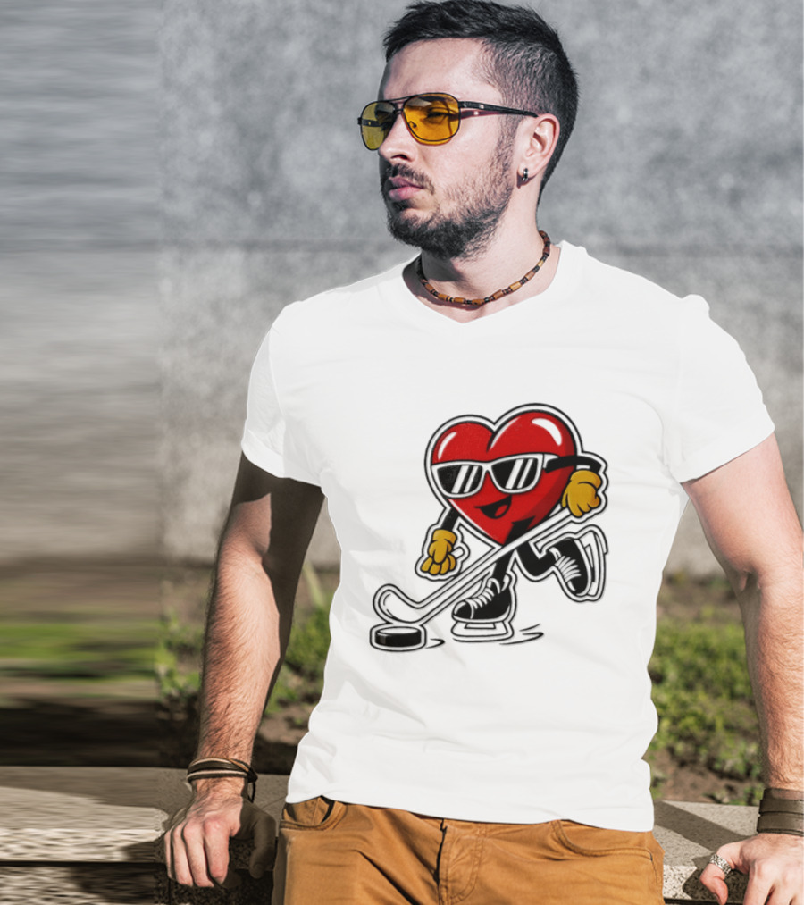 I Love Hockey Heart Character With Sunglasses And Stick T-Shirt