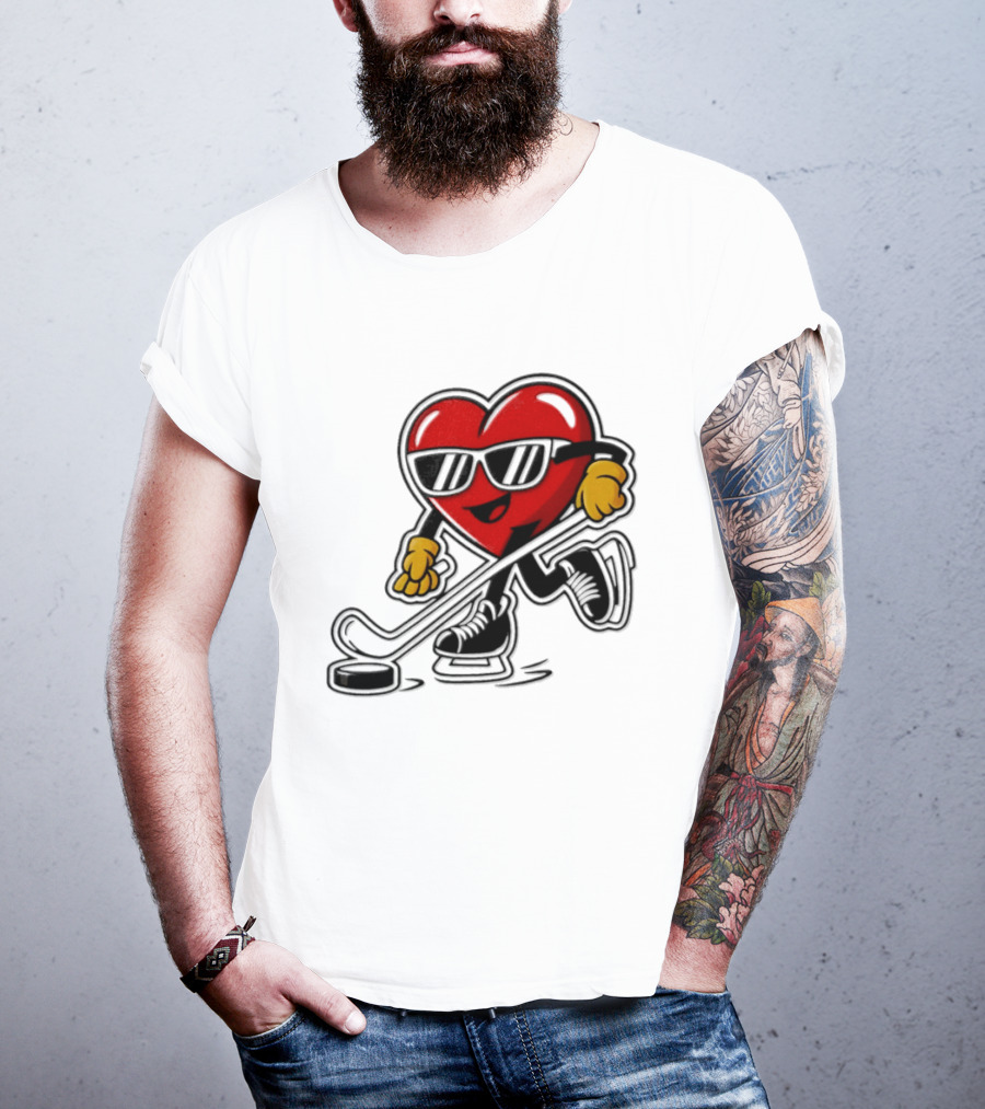 I Love Hockey Heart Character With Sunglasses And Stick T-Shirt