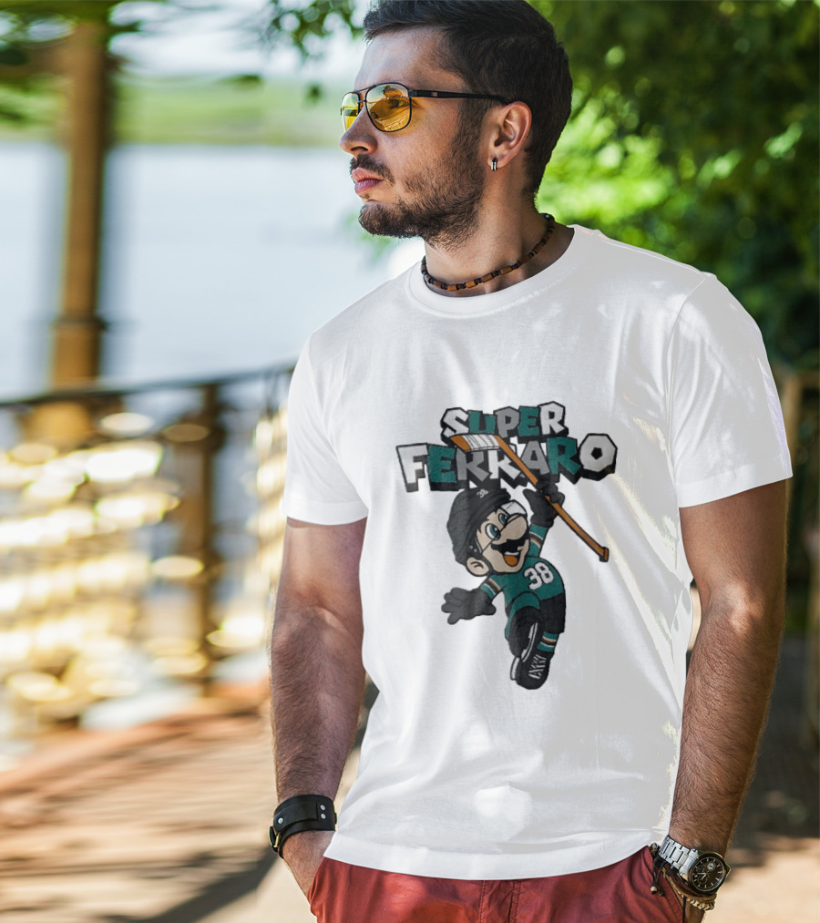 Super Ferraro Mario 38 Ice Hockey Player Jumping Stick Cartoon Caricature T-Shirt