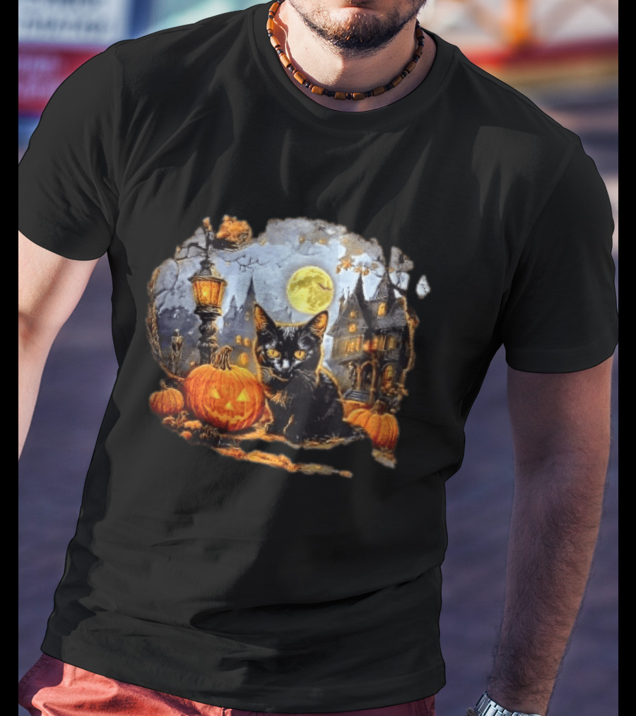 Black Cat Haunted House Pumpkin Full Moon Halloween Magic T-Shirt