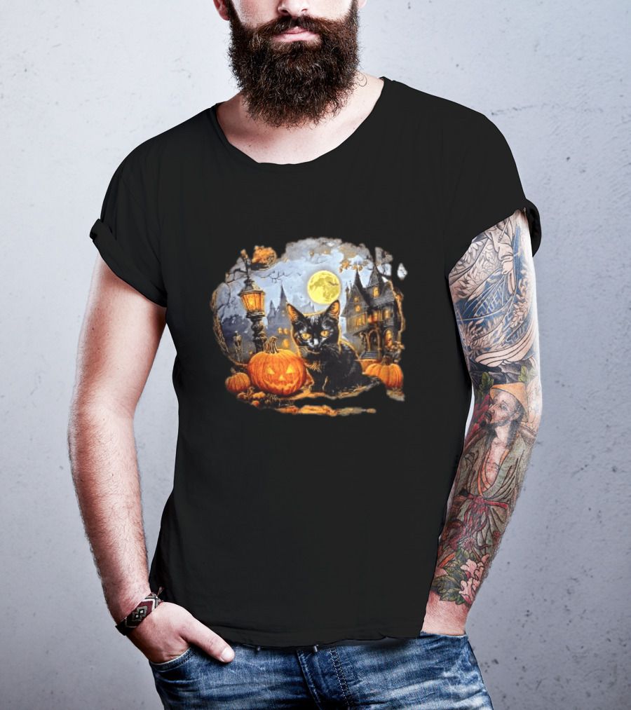 Black Cat Haunted House Pumpkin Full Moon Halloween Magic T-Shirt
