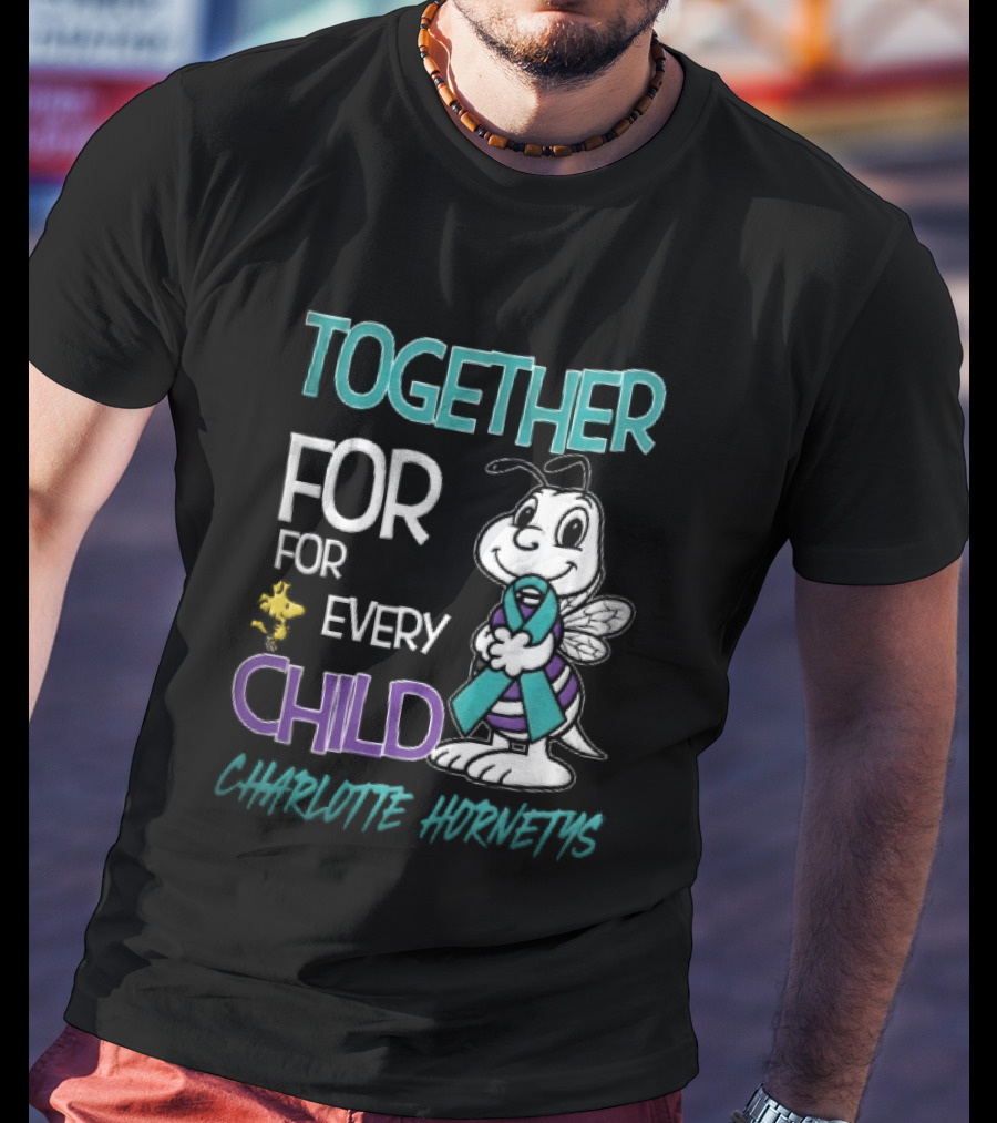 TOGETHER FOR EVERY CHILD Charlotte Hornets Cartoon Hornet Holding Ribbon Woodstock T-Shirt