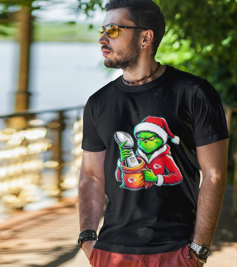 Kansas City Chiefs Grinch Christmas Holiday NFL Trophy Santa Hat T-Shirt