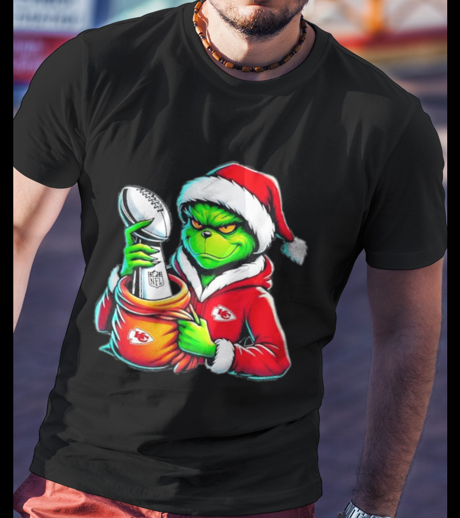 Kansas City Chiefs Grinch Christmas Holiday NFL Trophy Santa Hat T-Shirt