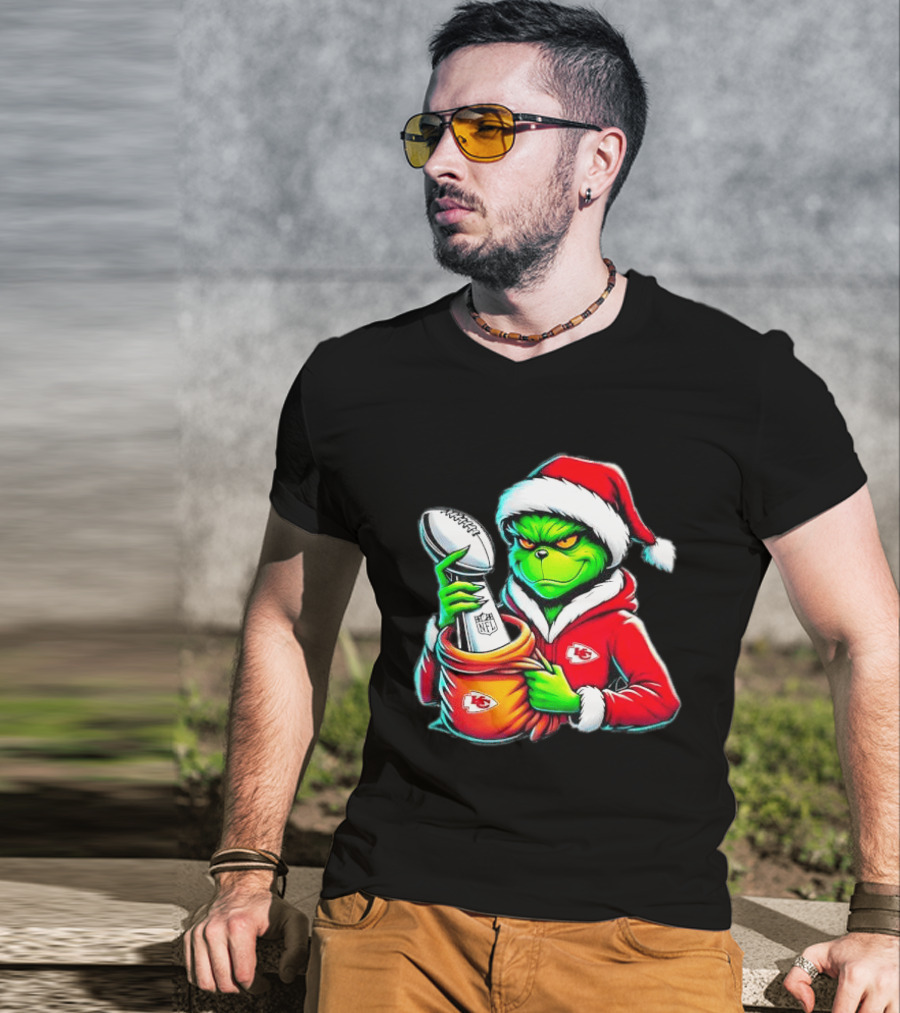 Kansas City Chiefs Grinch Christmas Holiday NFL Trophy Santa Hat T-Shirt