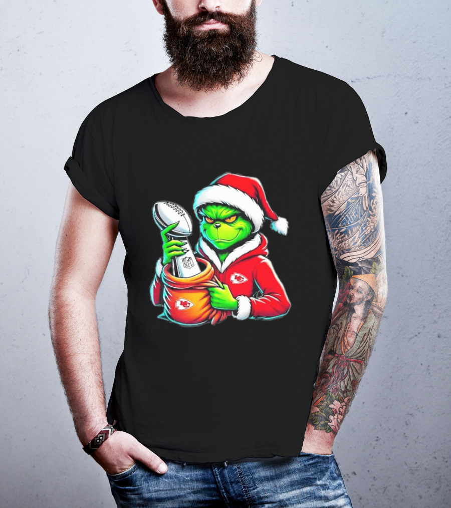 Kansas City Chiefs Grinch Christmas Holiday NFL Trophy Santa Hat T-Shirt