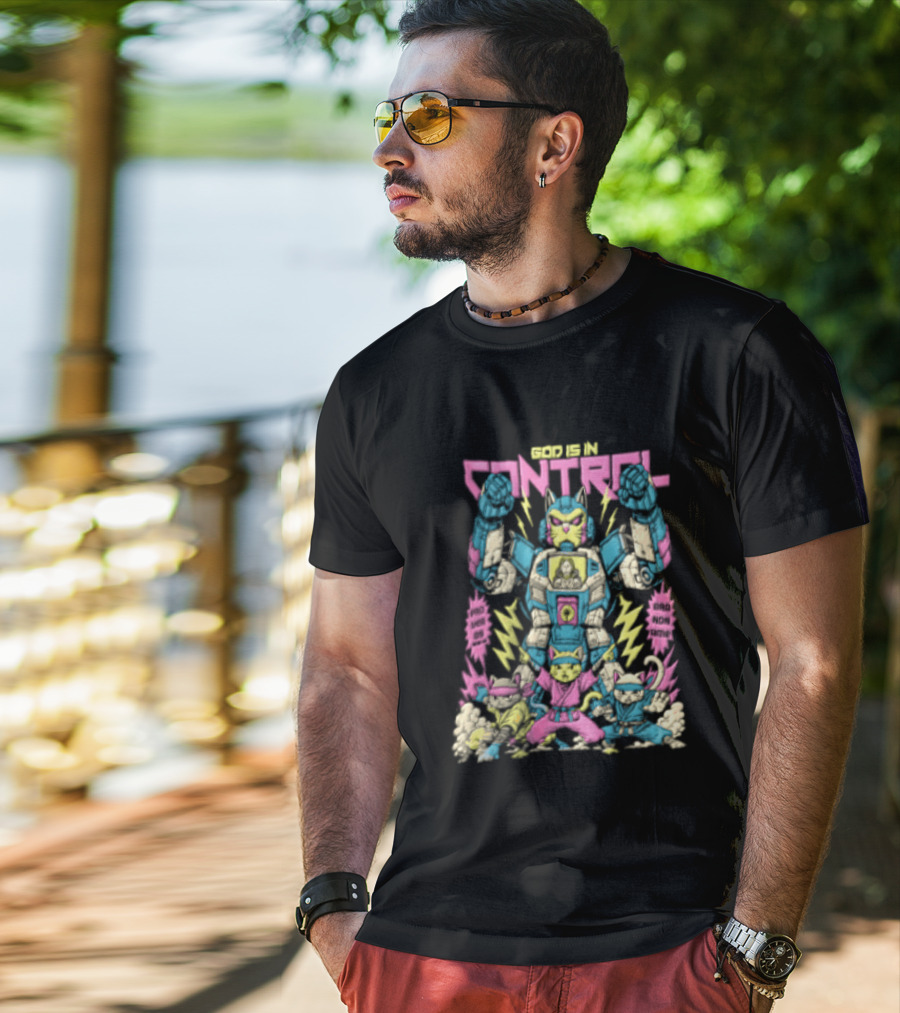 Mecha Cat Jesus Ninja Kittens God Is In Control Proverbs 3 6 T-Shirt