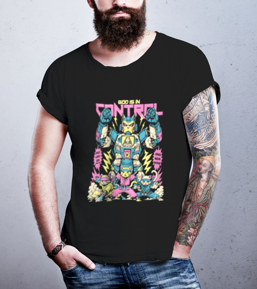 Mecha Cat Jesus Ninja Kittens God Is In Control Proverbs 3 6 T-Shirt