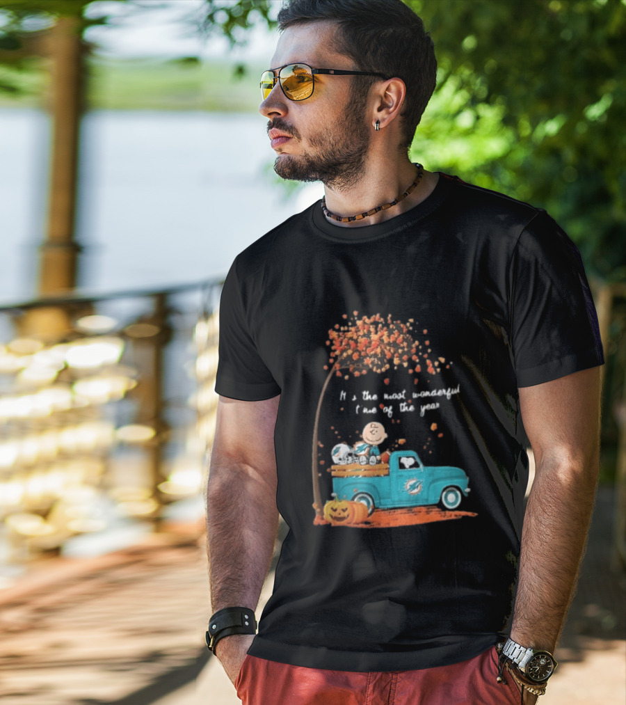 Miami Dolphins Charlie Brown Snoopy Pickup Truck Pumpkins Most Wonderful Time Of Year T-Shirt