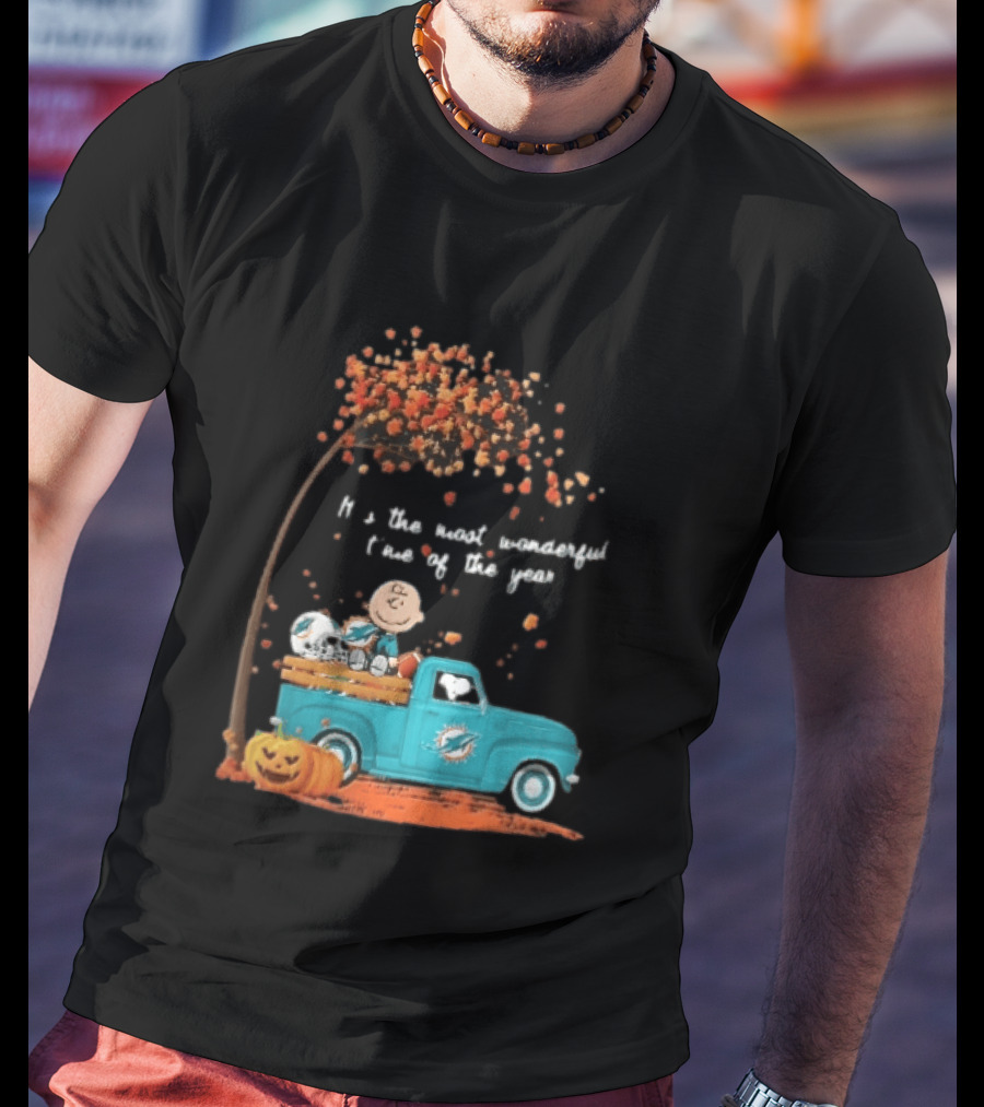 Miami Dolphins Charlie Brown Snoopy Pickup Truck Pumpkins Most Wonderful Time Of Year T-Shirt