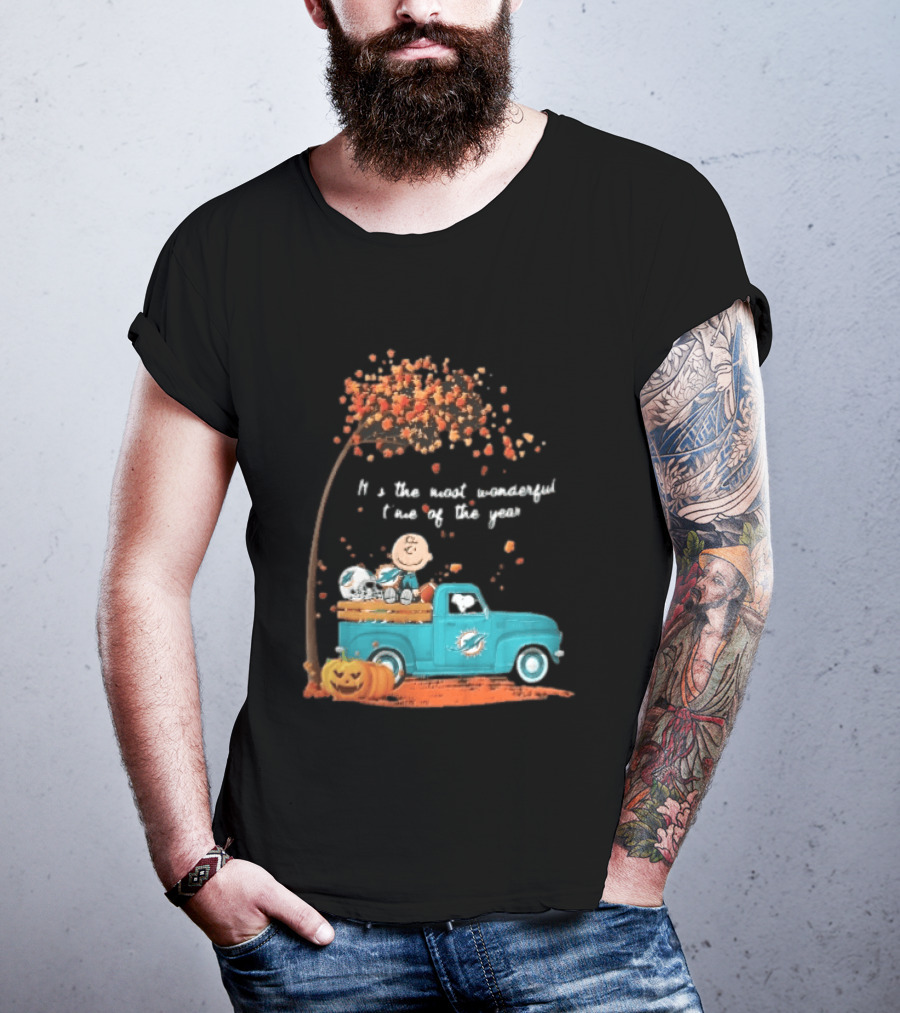 Miami Dolphins Charlie Brown Snoopy Pickup Truck Pumpkins Most Wonderful Time Of Year T-Shirt