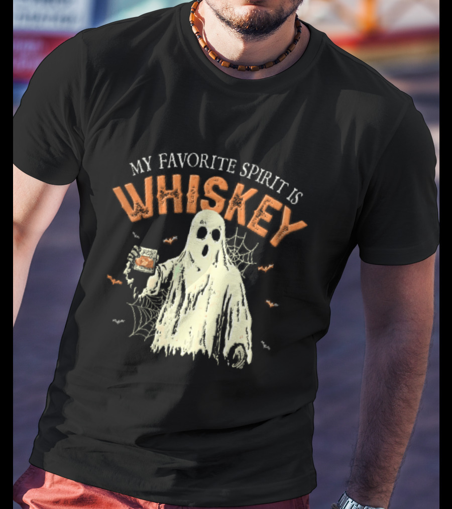 My Favorite Spirit Is Whiskey Ghost Holding Glass Bats Cobwebs Distressed T-Shirt