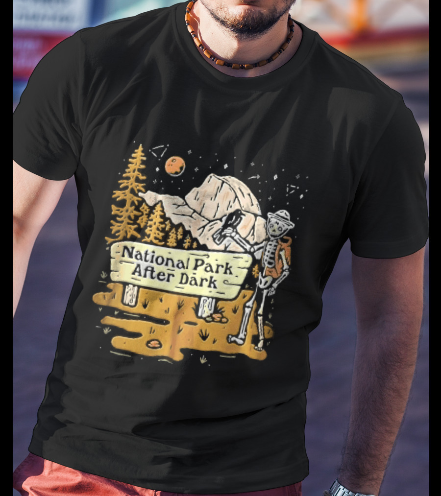 National Park After Dark Skeleton Ranger With Raven And Mountain Cartoons T-Shirt