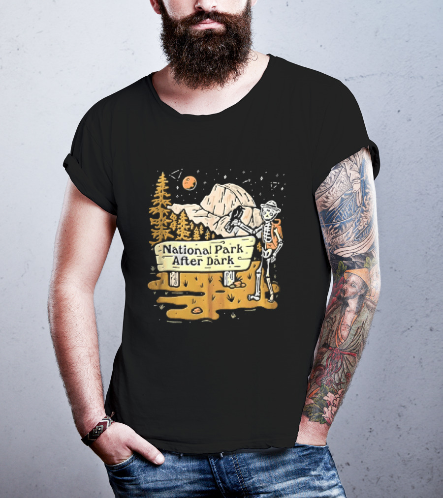 National Park After Dark Skeleton Ranger With Raven And Mountain Cartoons T-Shirt