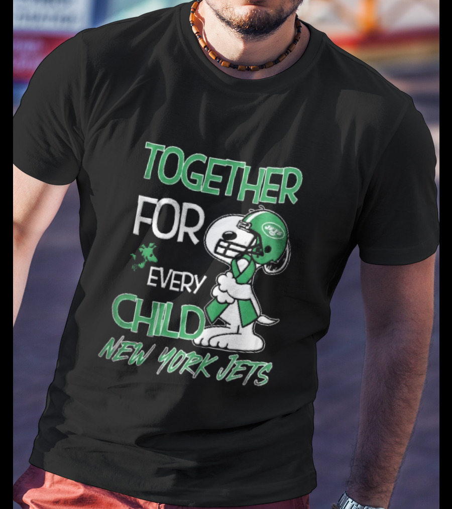 New York Jets Snoopy Woodstock Together For Every Child Football Helmet Green Ribbon T-Shirt