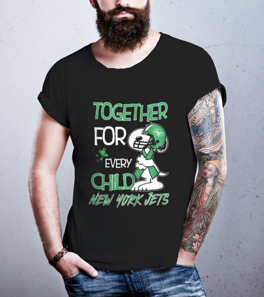 New York Jets Snoopy Woodstock Together For Every Child Football Helmet Green Ribbon T-Shirt