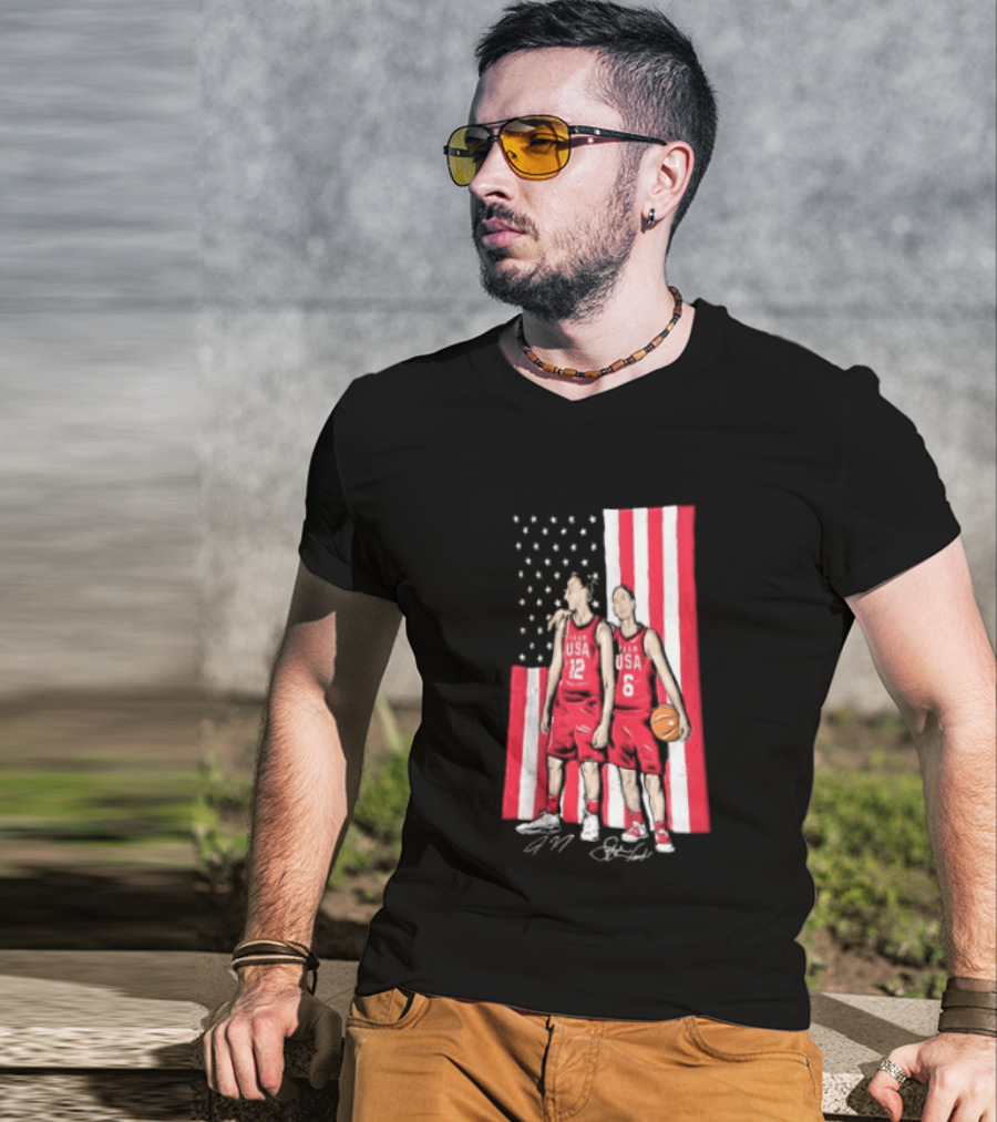 Sue Bird Diana Taurasi USA Basketball American Flag Signatures T-Shirt