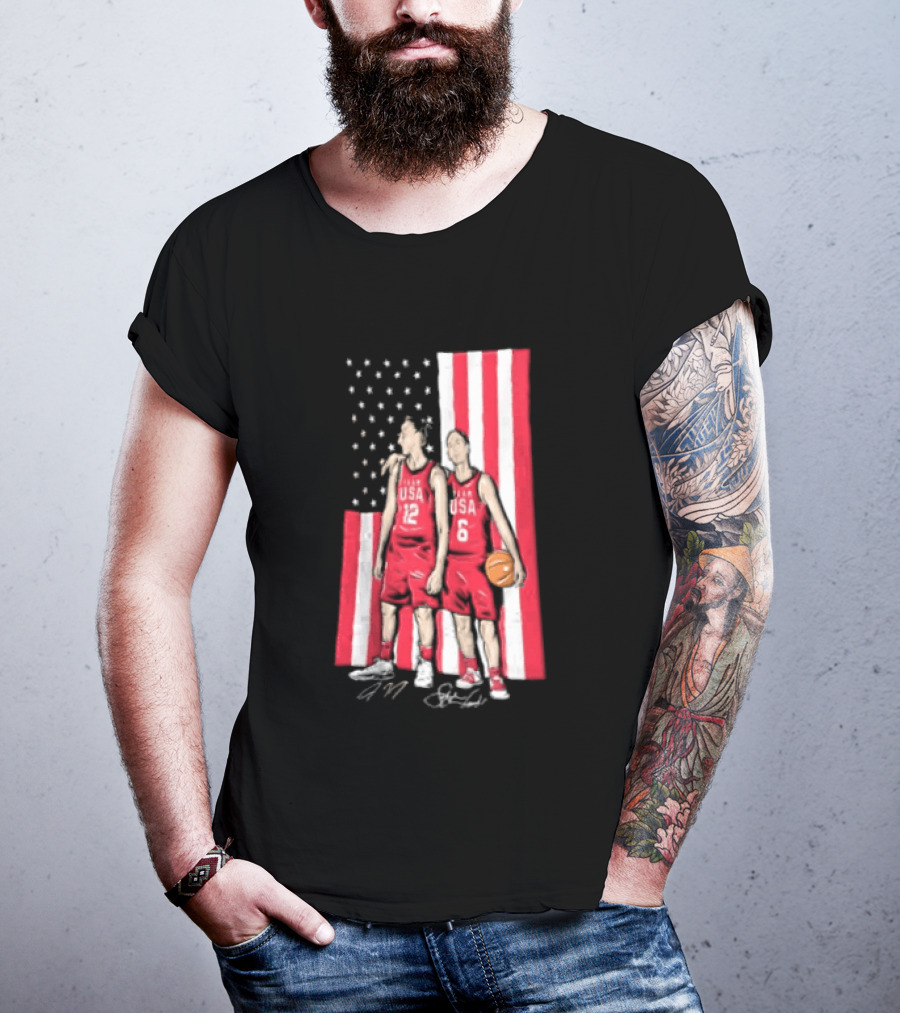 Sue Bird Diana Taurasi USA Basketball American Flag Signatures T-Shirt