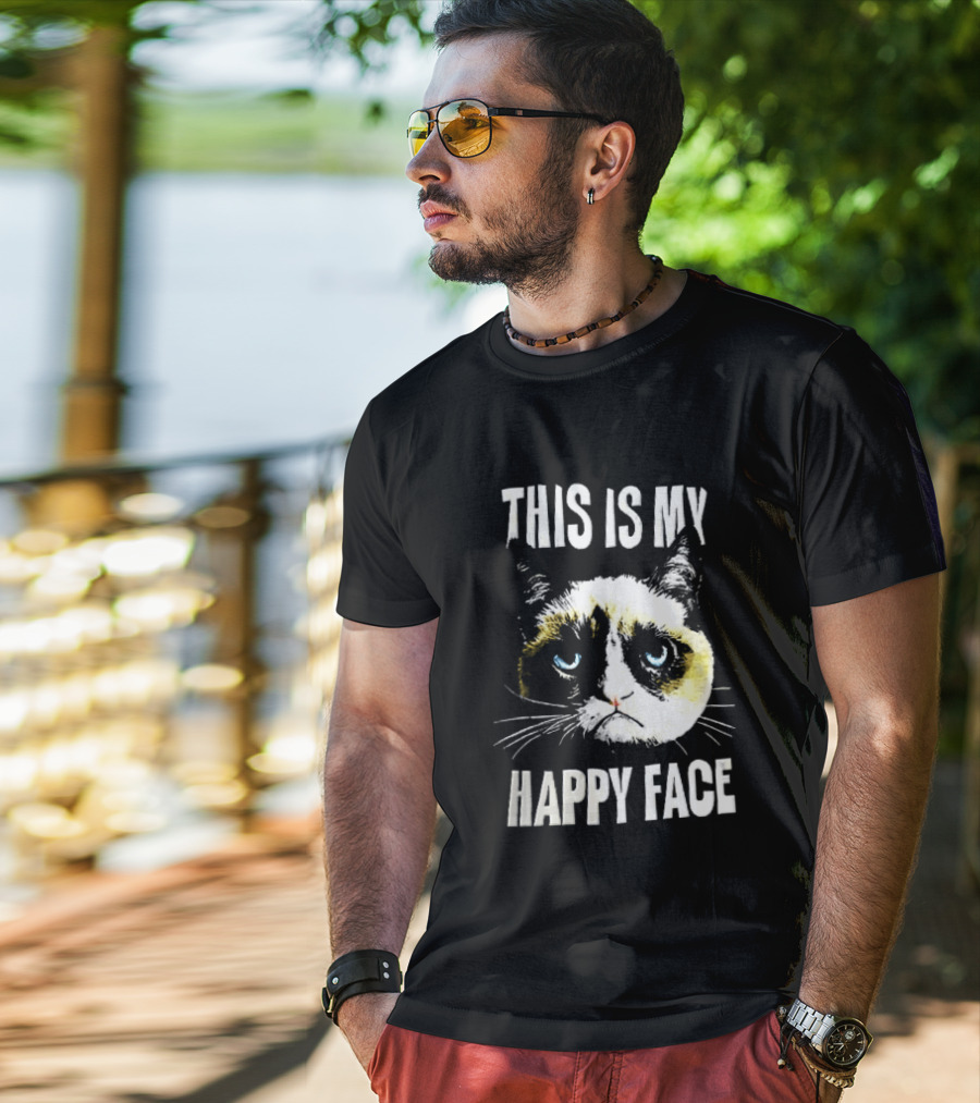 This Is My Happy Face Grumpy Cat Blue Eyes Frowning T-Shirt