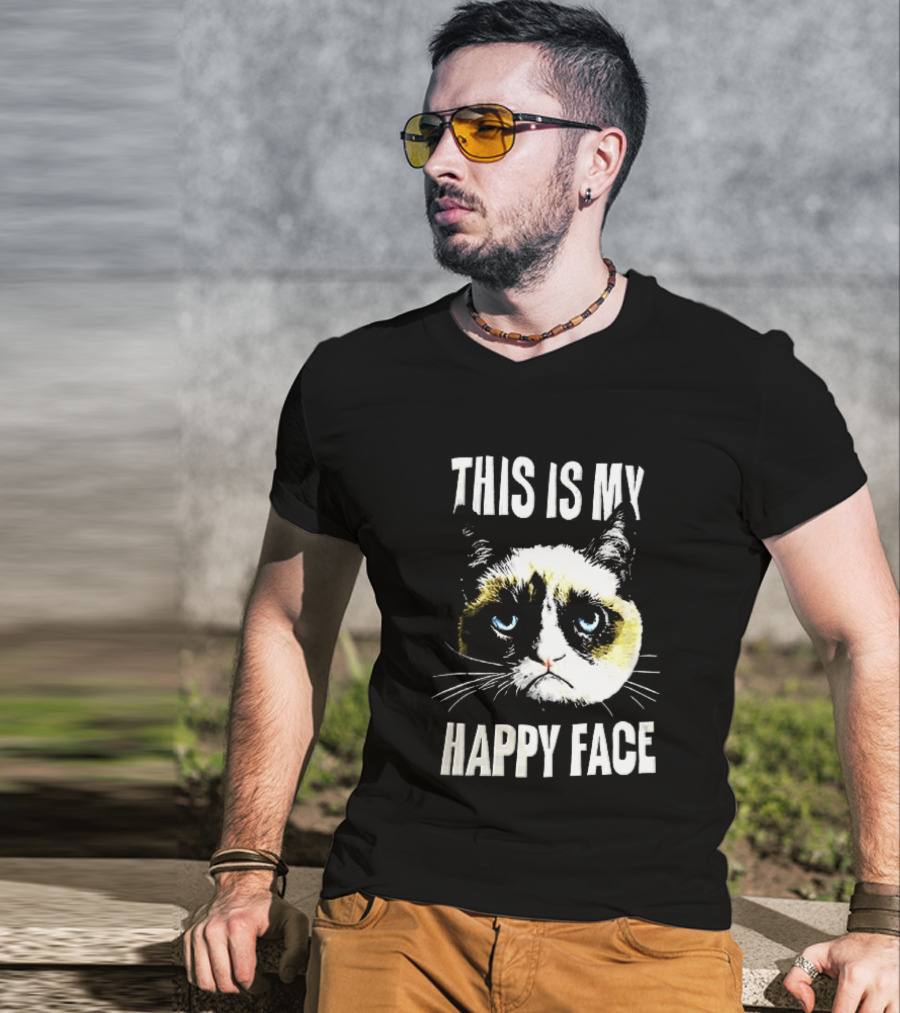 This Is My Happy Face Grumpy Cat Blue Eyes Frowning T-Shirt