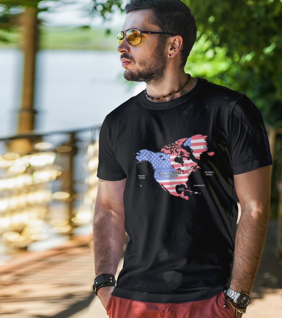 United States American Flag Map Of North America Featuring USA Canada Mexico Greenland T-Shirt