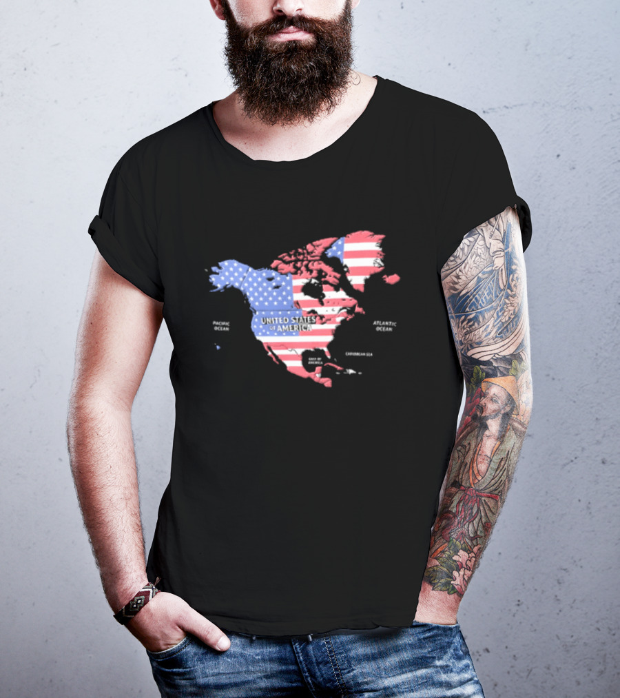 United States American Flag Map Of North America Featuring USA Canada Mexico Greenland T-Shirt