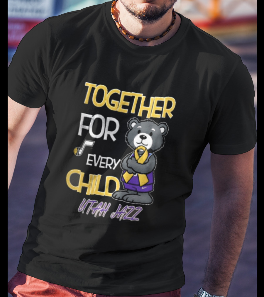 Utah Jazz Together For Every Child Cartoon Bear Gold Ribbon Purple Uniform T-Shirt