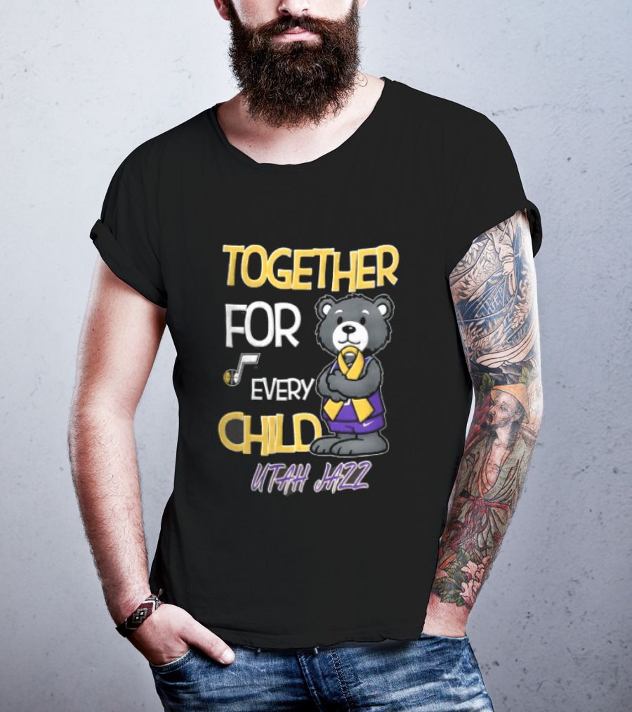 Utah Jazz Together For Every Child Cartoon Bear Gold Ribbon Purple Uniform T-Shirt