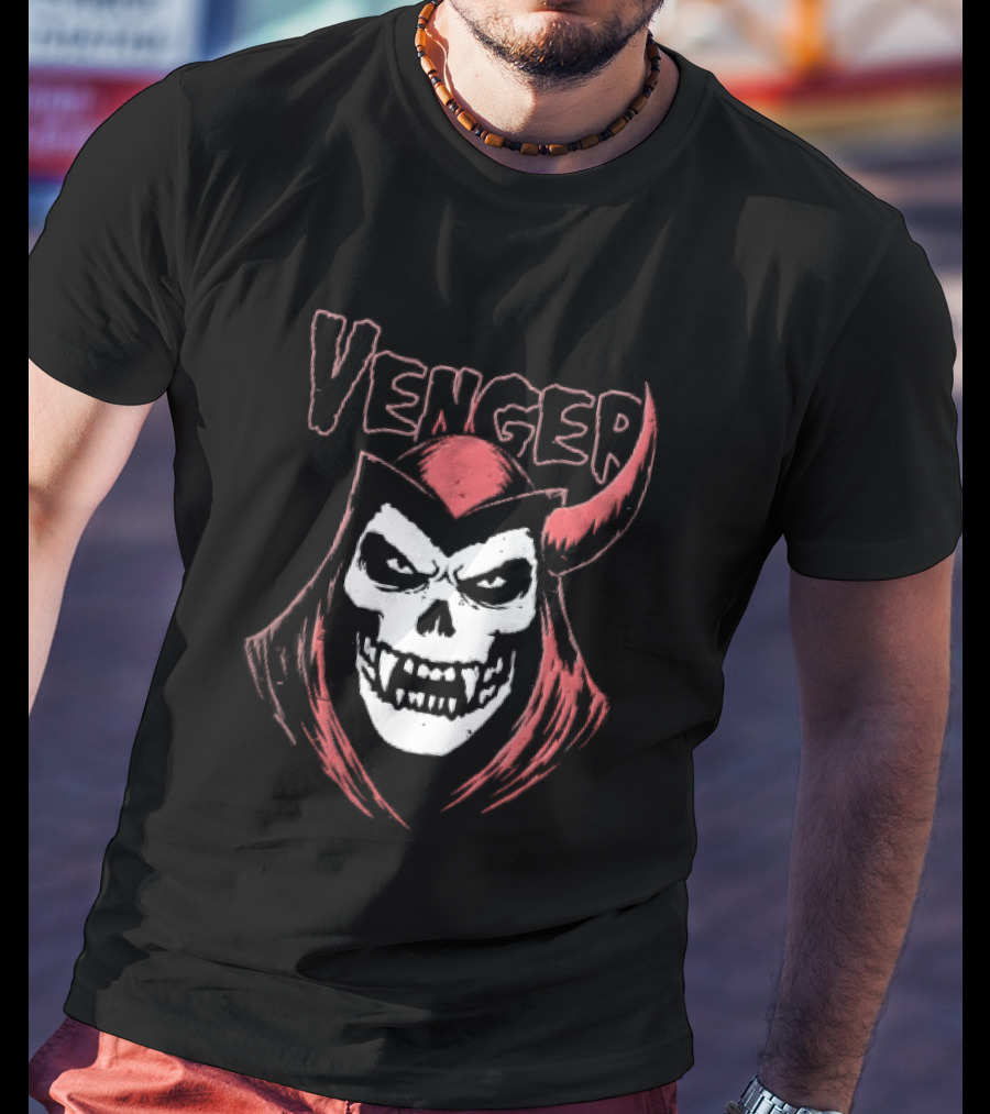 Venger Distressed Red Hooded Skull Face One Horned Demon T-Shirt