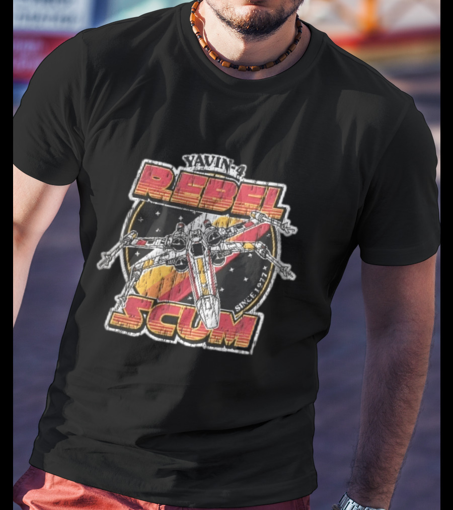 Yavin 4 Rebel Scum Since 1977 Distressed X Wing Starfighter Space T-Shirt