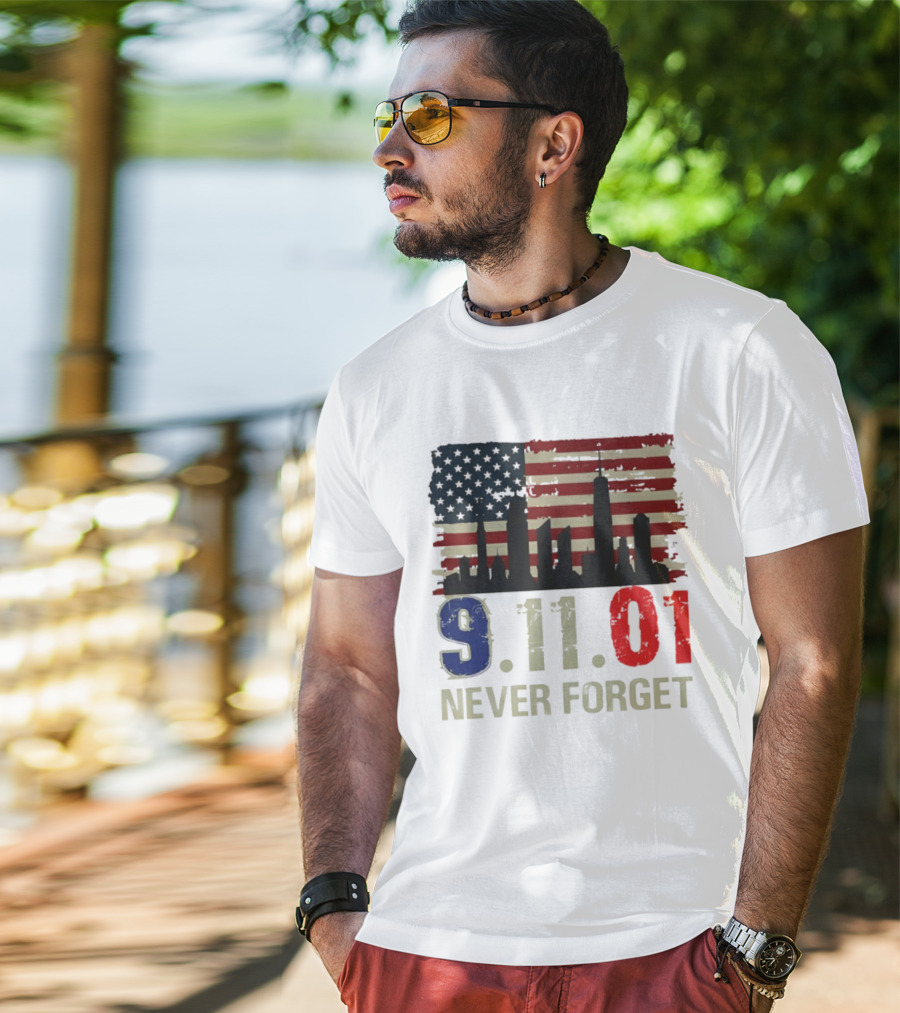 9.11.01 Never Forget American Flag Skyline Memorial Patriot 9 11 T-Shirt