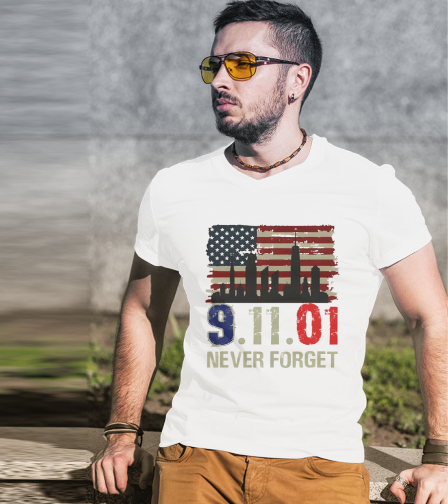 9.11.01 Never Forget American Flag Skyline Memorial Patriot 9 11 T-Shirt