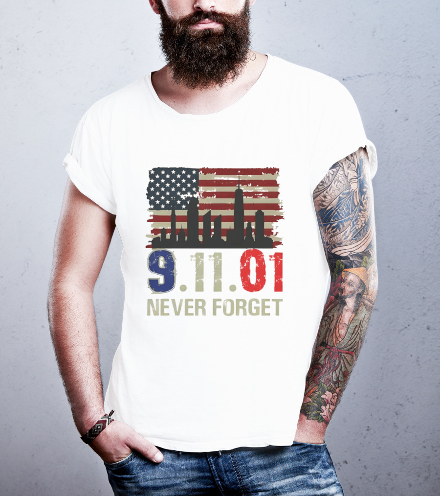 9.11.01 Never Forget American Flag Skyline Memorial Patriot 9 11 T-Shirt